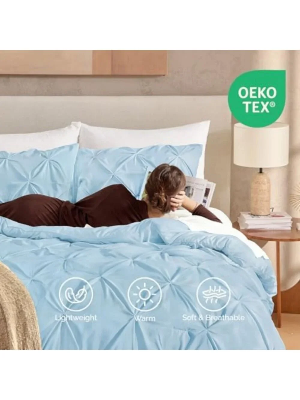 Light Blue Queen Comforter Set - 3 Piece Pinch Pleat Bedding for Cozy Home Decor